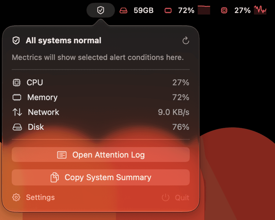 The Mectrics Compact Health popover reading All systems normal, with CPU, memory, network and disk summarized in one list