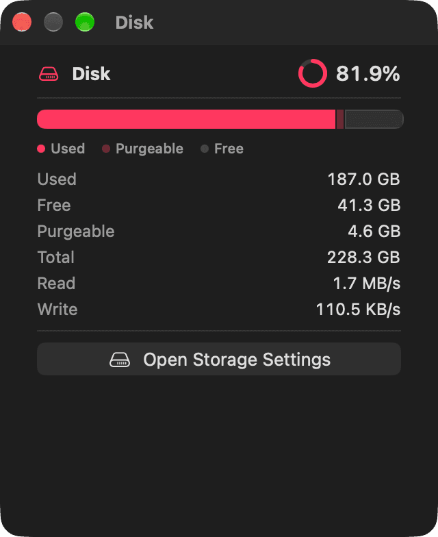 The Mectrics disk popover: a usage ring, a used, purgeable and free bar, capacity figures, and live read and write throughput