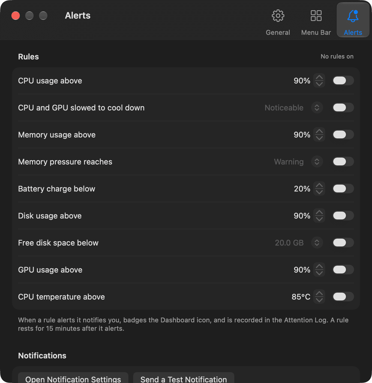 Mectrics alert settings