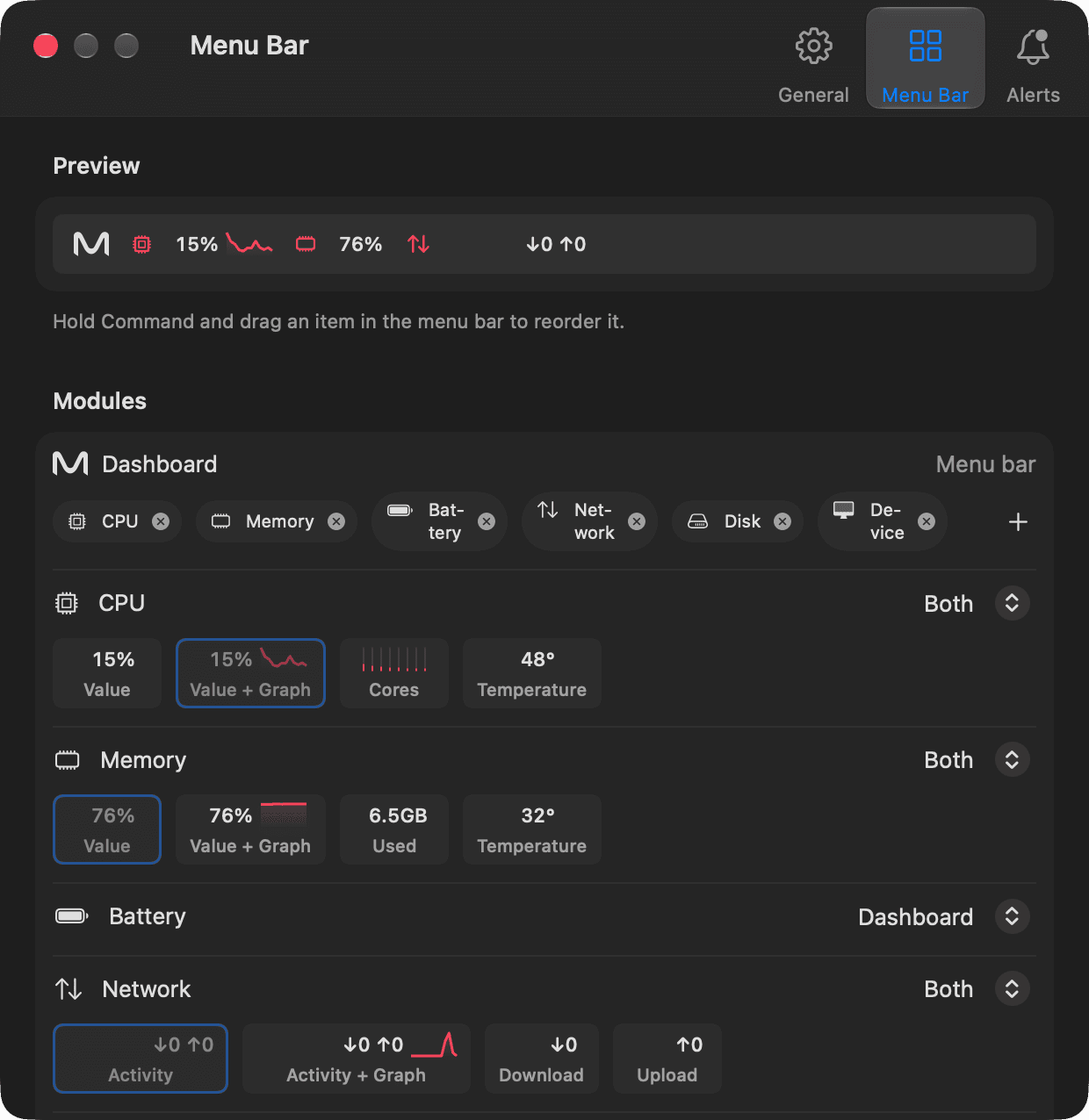 The Mectrics menu bar builder: a live preview, the Dashboard and its cards, and where each module goes